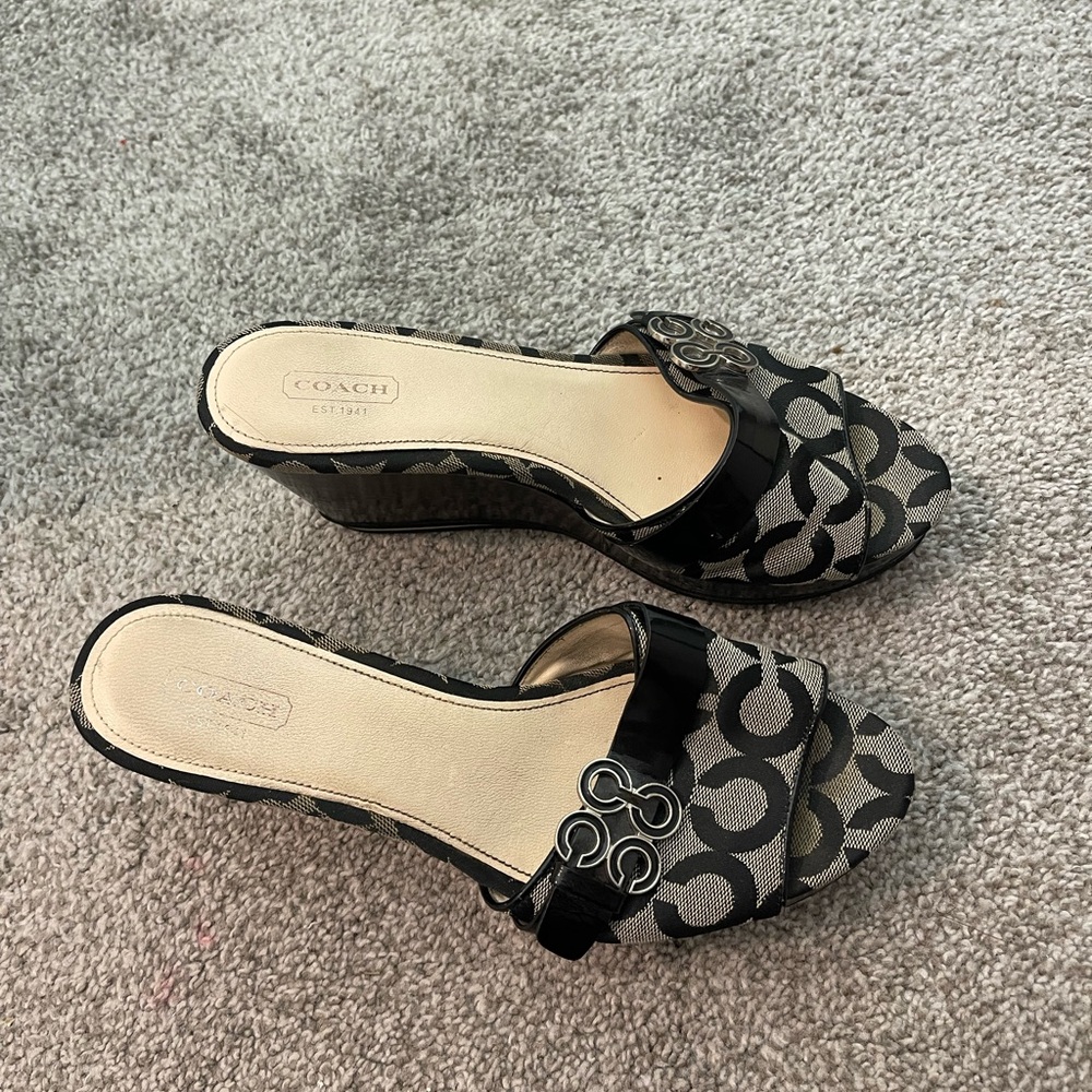 Coach Black and Gray Patterned Wedge Sandals